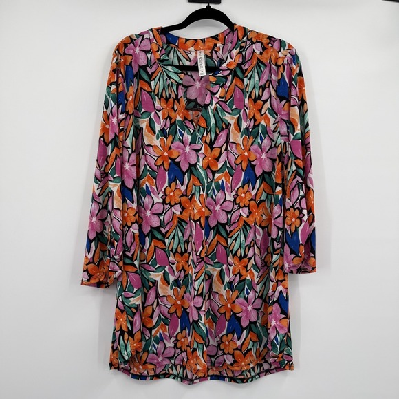 Dear Scarlett Tops - Dear Scarlett Blouse Womens 2X Multicolor Floral Liz Tunic V-Neck Slinky Relaxed